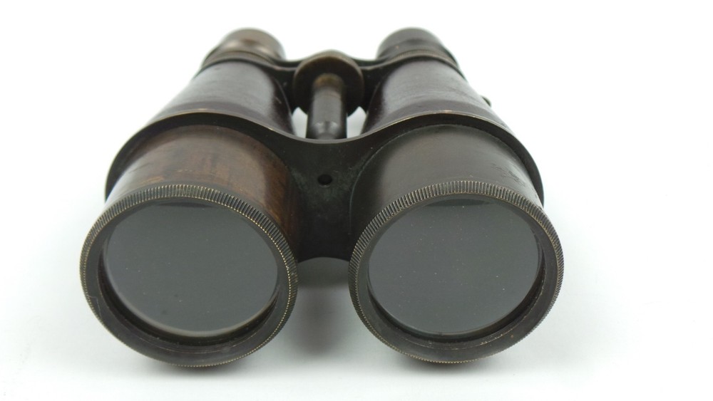 VINTAGE UNMARKED BROWN LEATHER COVERED BRASS BINOCULARS