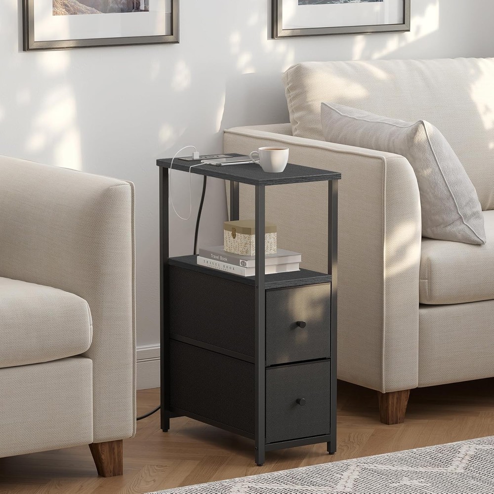 Small Narrow LED End Table with Charging Station, Side Table Outlets, Nightstand