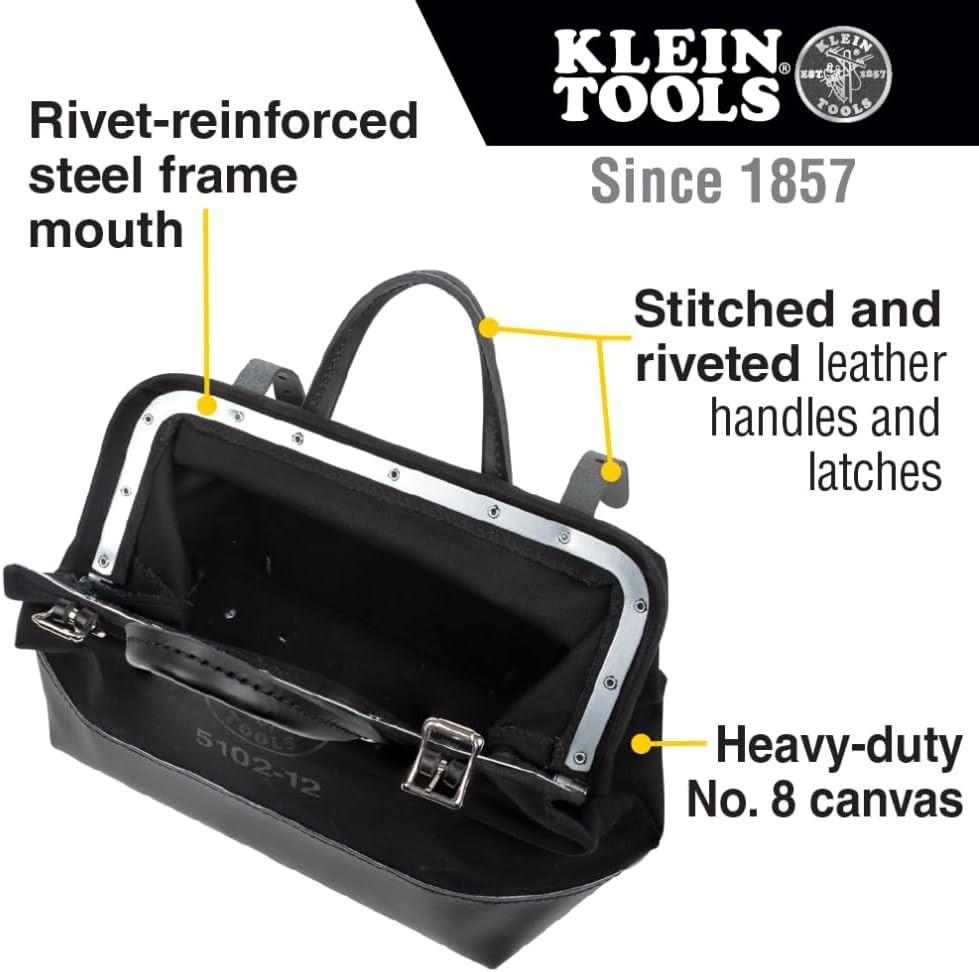 Klein Tools 510212BLK Tool Bag, Black Canvas, 12-Inch