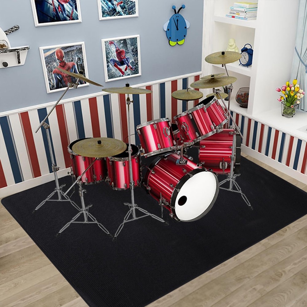 Drum Rug, 5X 6 Ft Mat Carpet Music Rug with 5' x 6' (Rectangular), Black