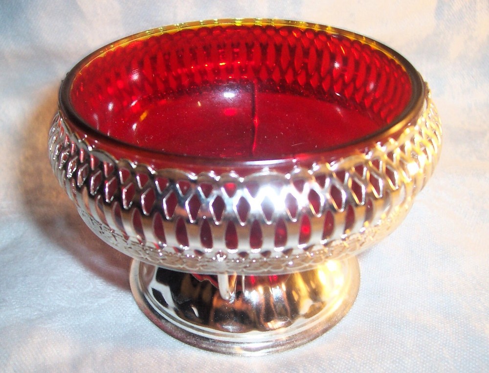 VTG Queen Ann MAYELL Eangland RUBY RED Glass & Silver Stand JAM SAUCE Dish