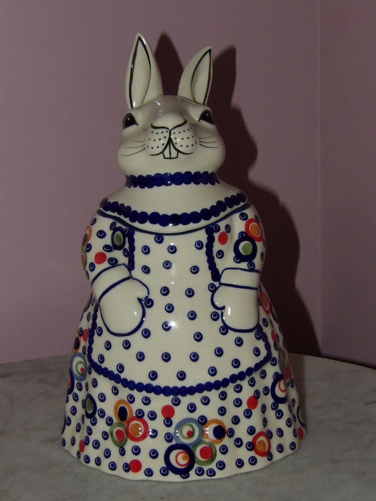 Polish Pottery Bunny Cookie Jar! Happy Happy Pattern!