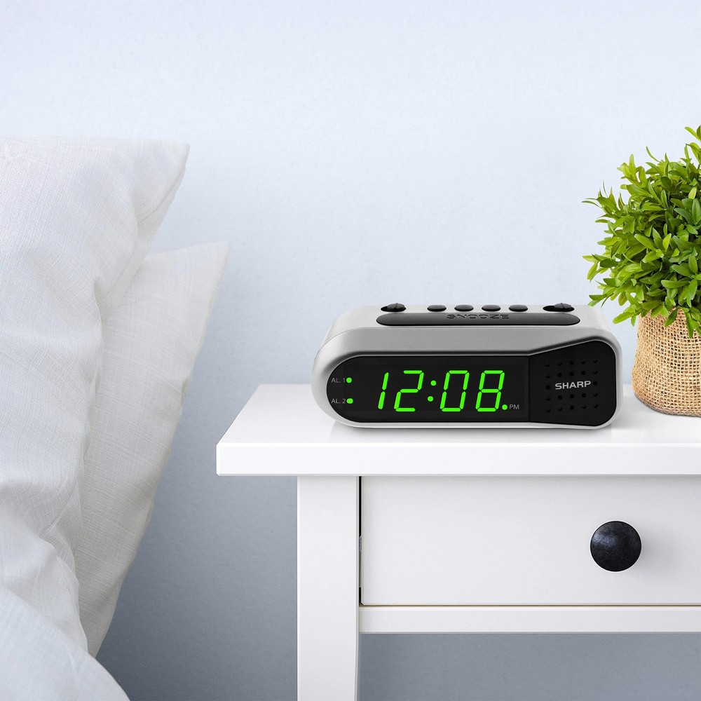 Digital Dual Alarm Clock Silver Green LED