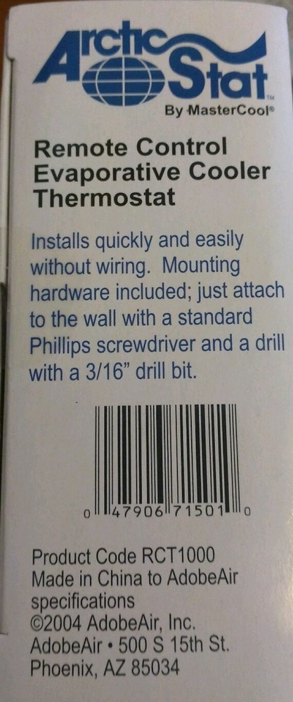 MASTERCOOL THERMOSTAT ADOBE AIR RCT-1000 ARCTIC STAT