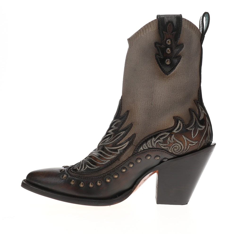 Corral Boots Bone Brown Overlay Embroidered Studded Snip Toe Pull On Cowboy Boot