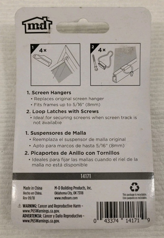 M-D frame fasteners for screen frame 5/16"-4 screen hangers, 4 loop latches