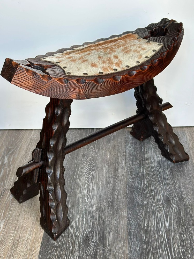 Vintage Spanish Hand-Carved Stool - Rustic Cowhide & Solid Wood