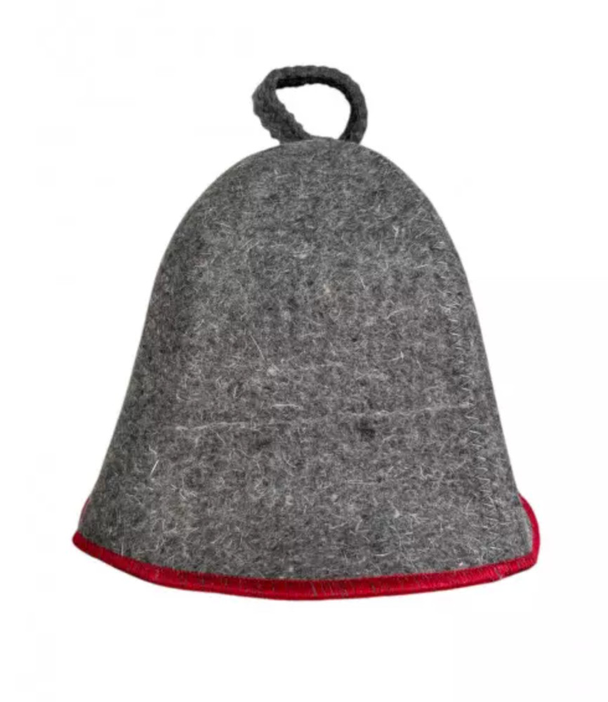 Sauna hat -   wool 100% , grey with red stripe