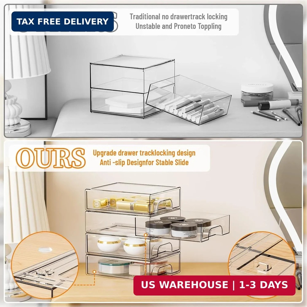 Yieach 2.2'' Tall Acrylic Clear Stackable Storage Drawer Organizer,8 Pack Desk O