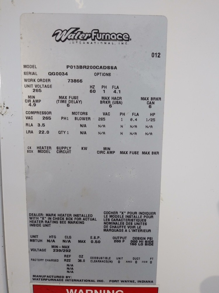 Furnace Water Heater 1 Phase Unit Voltage 265 60 Hz FLA 4.1