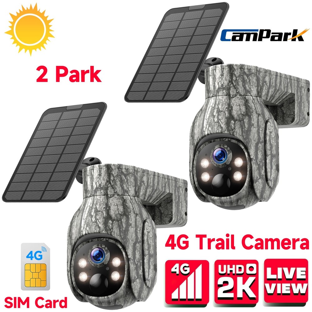2* Campark 2K 4G LTE Cellular Solar PTZ Trail Camera Security Camera + SIM Card