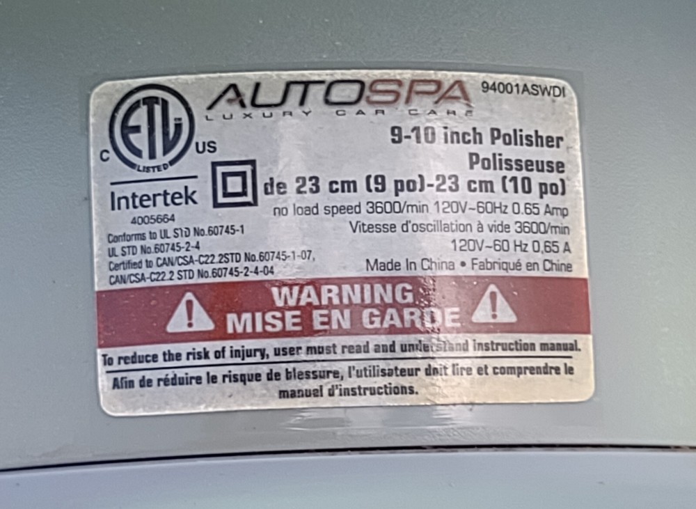 AutoSpa Professional 9-10" 120v Random Orbital Polisher Waxer Buffer INTERTEK