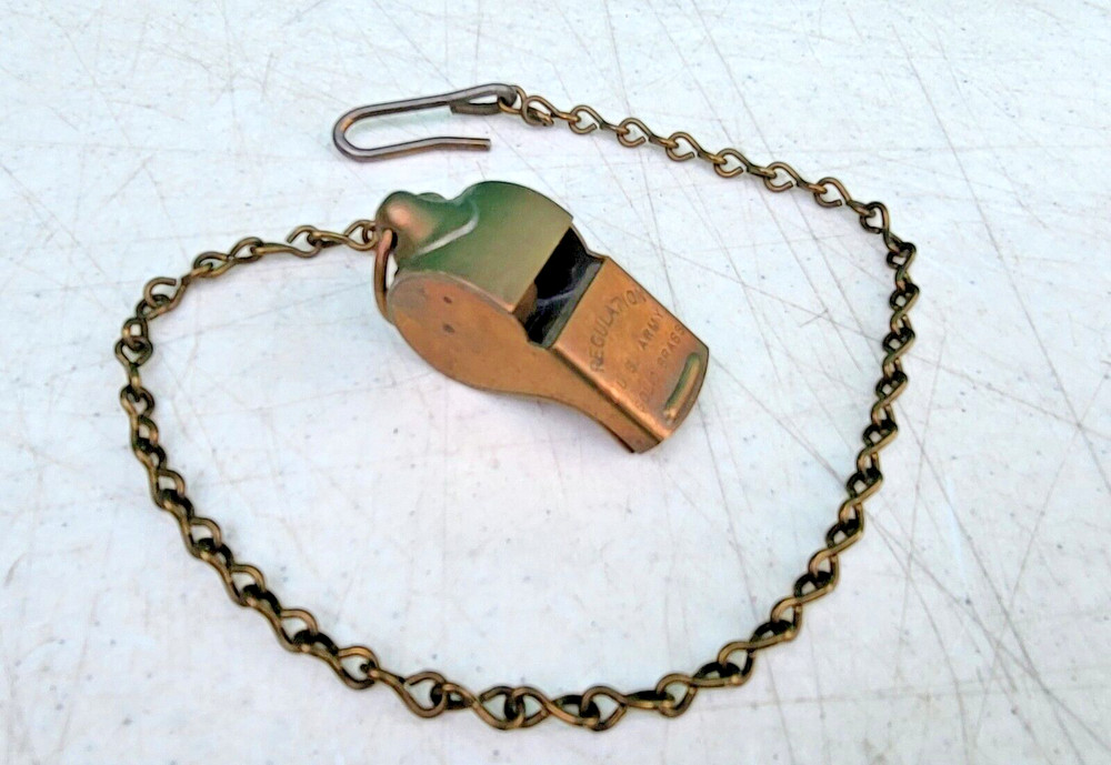 US Army Regulation Whistle WWII w Chain & Hook WW2 Era SOLID BRASS