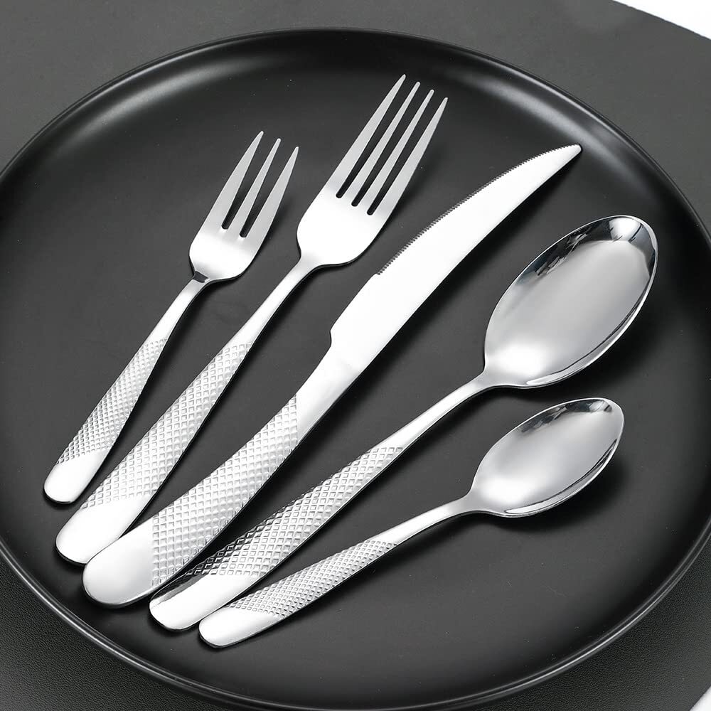 Silver Hammered Silverware Set for 6 Rustproof Stainless Steel Flatware Cutle...