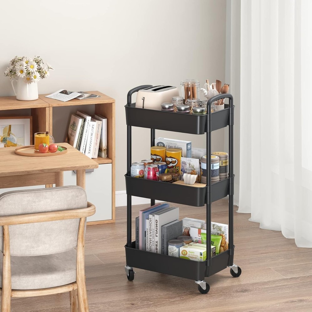 Trolley 3-Tier Rolling Utility Cart: Multi-Functional Storage for Office Kitchen