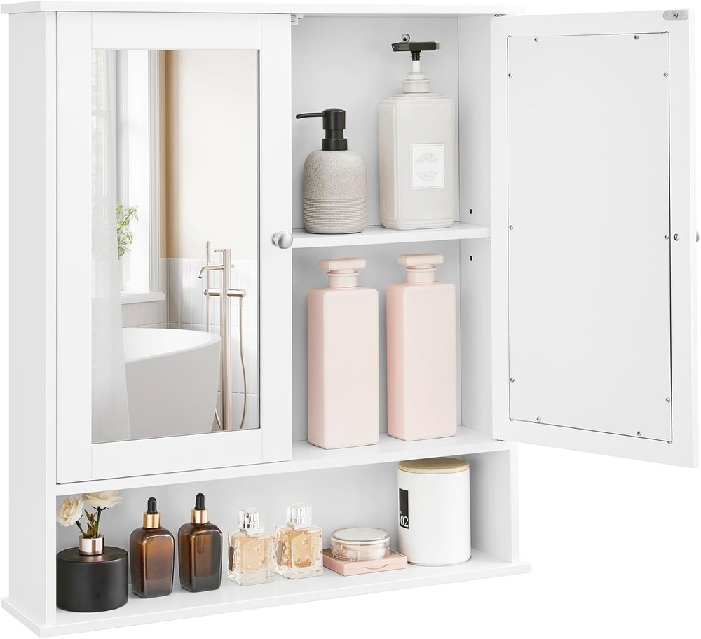 Bathroom Cabinet W/ Mirror Wall Cabinet W/ 2 Mirrored Doors Adjustable Shelf