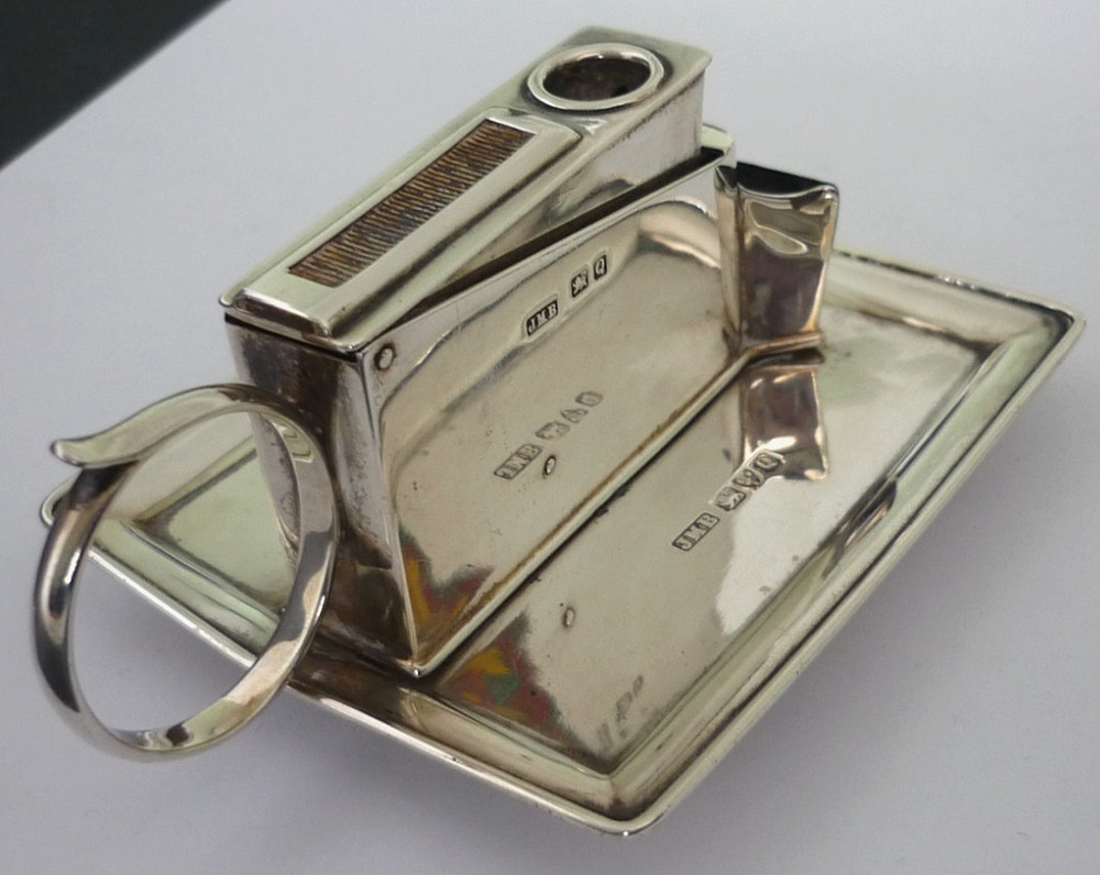 Antique 1899 Solid Silver Table Cigar Cutter And Match Striker On A Tray Base