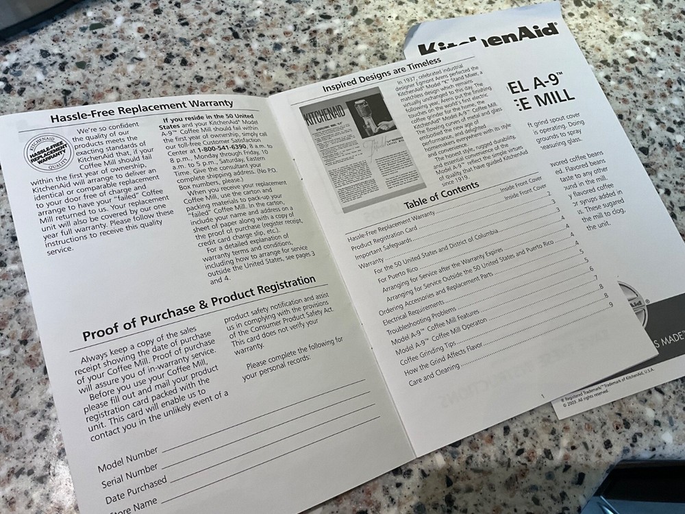 KITCHEN AID COFFEE MILL MODEL A-9 PAPER WORK BROCHURE KITCHENAID 2003