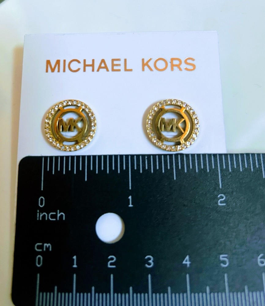 Michael Kors Gold Tone MK LOGO Round Stud Earrings