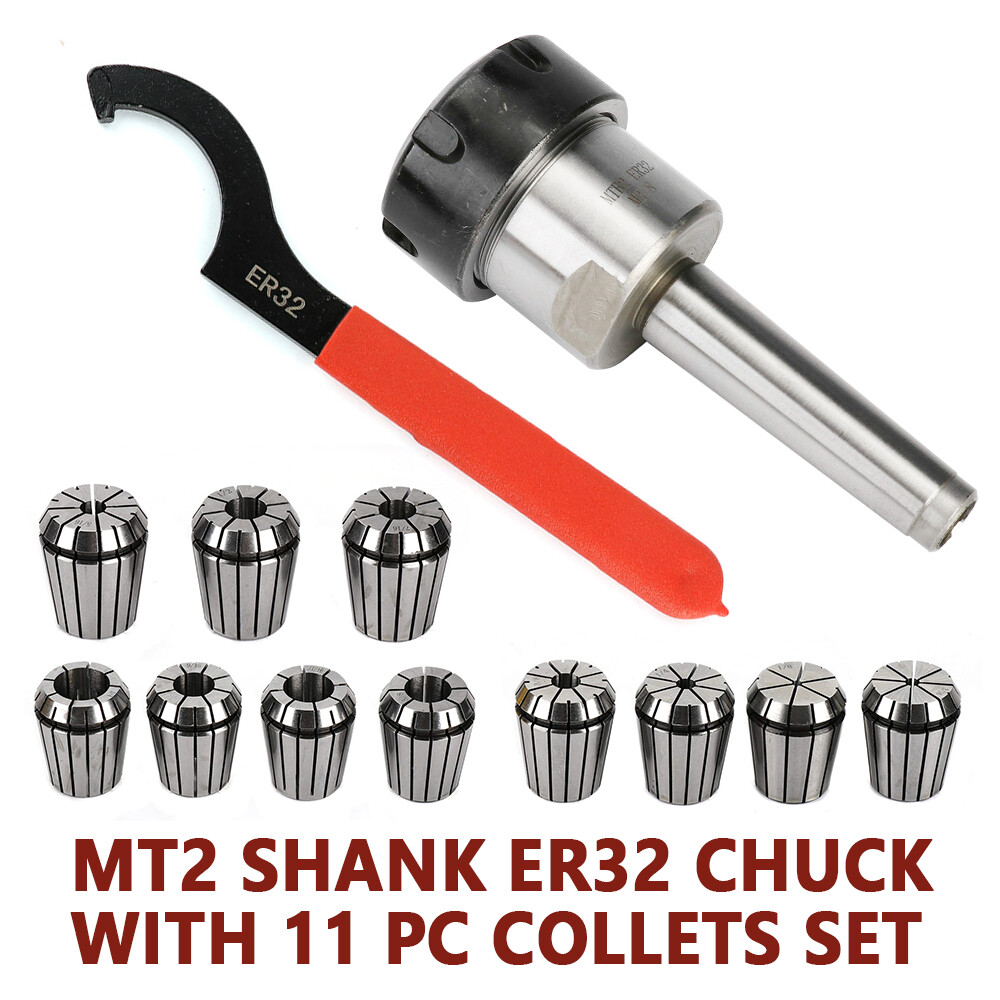 11PCS Precision ER32 Collet Chuck Set MT2 R8 Shank & Spanner Milling Machine Kit