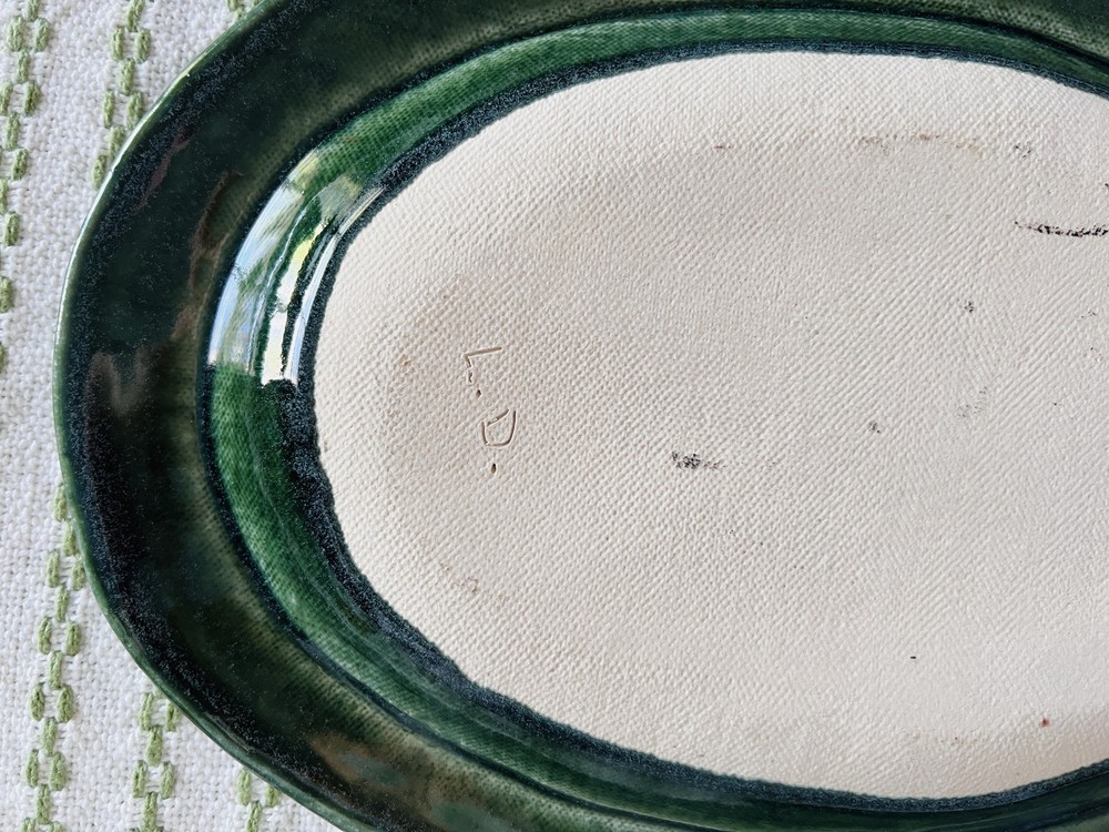 Signed Green & Blue Glazed Ceramic Platter with Reptilian Border Oval EUC