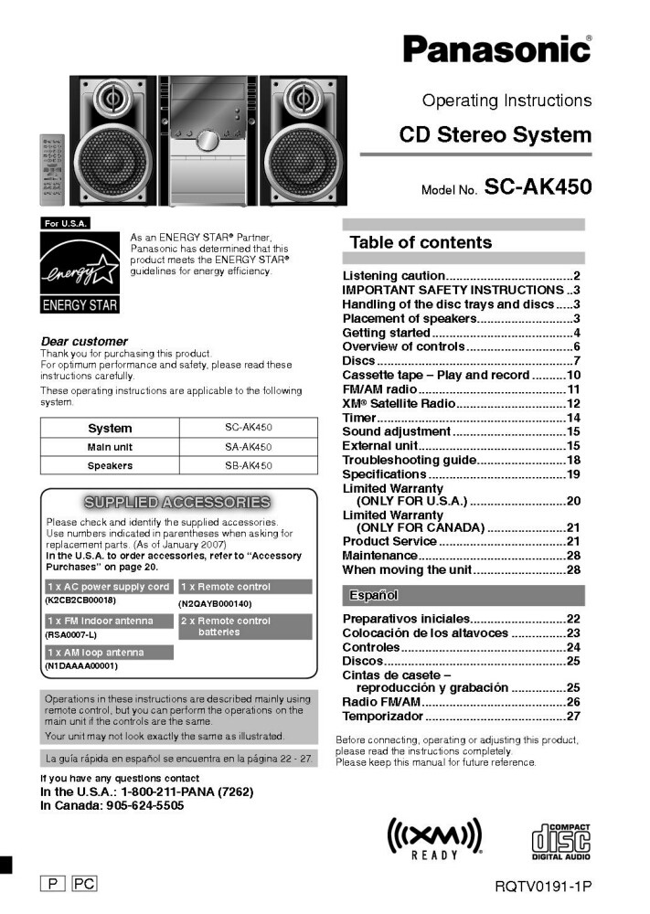 Panasonic SA-AK450 CD Stereo System Owners Instruction Manual