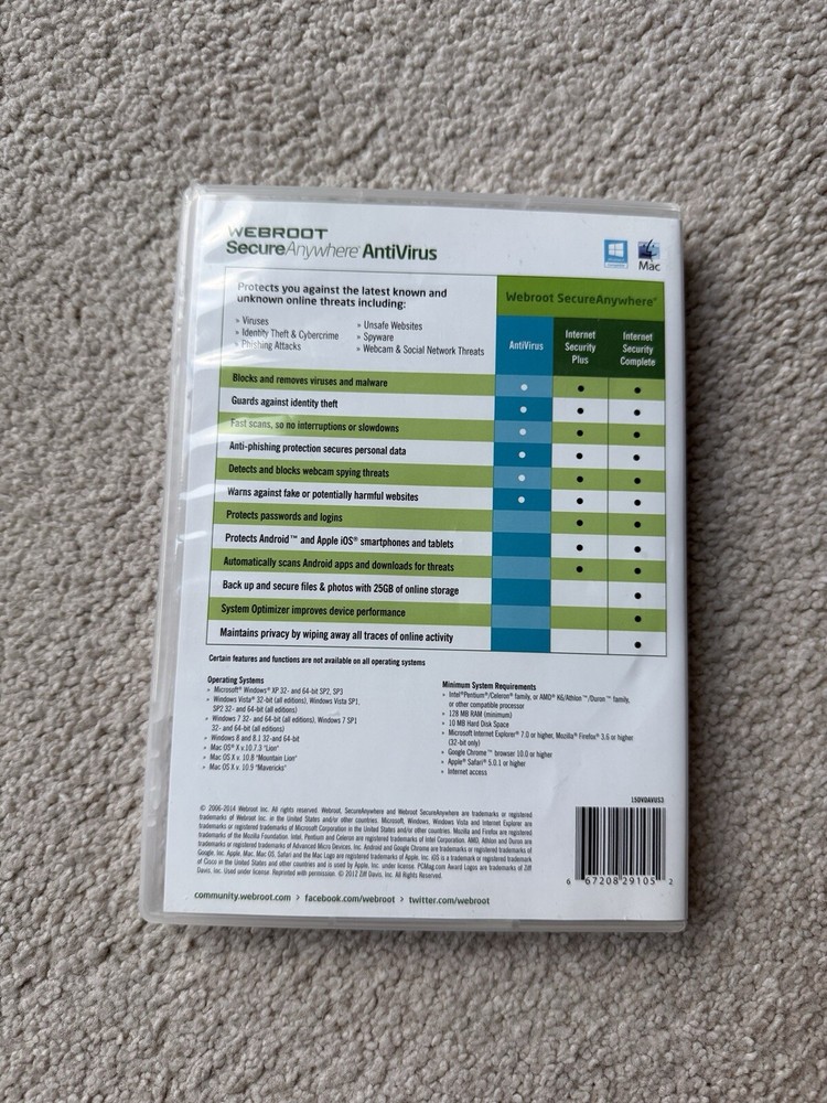 Internet Security Webroot Secure Anywhere Advanced Antivirus Security PC & Mac