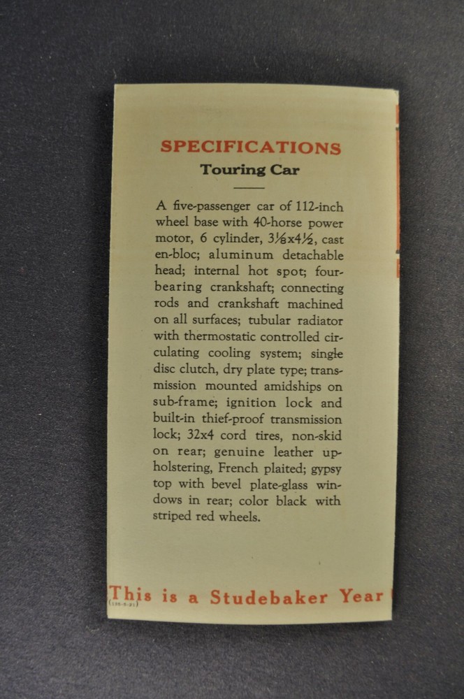 1921 Studebaker Light Six 6 Touring Car Small Brochure Excellent Original 21