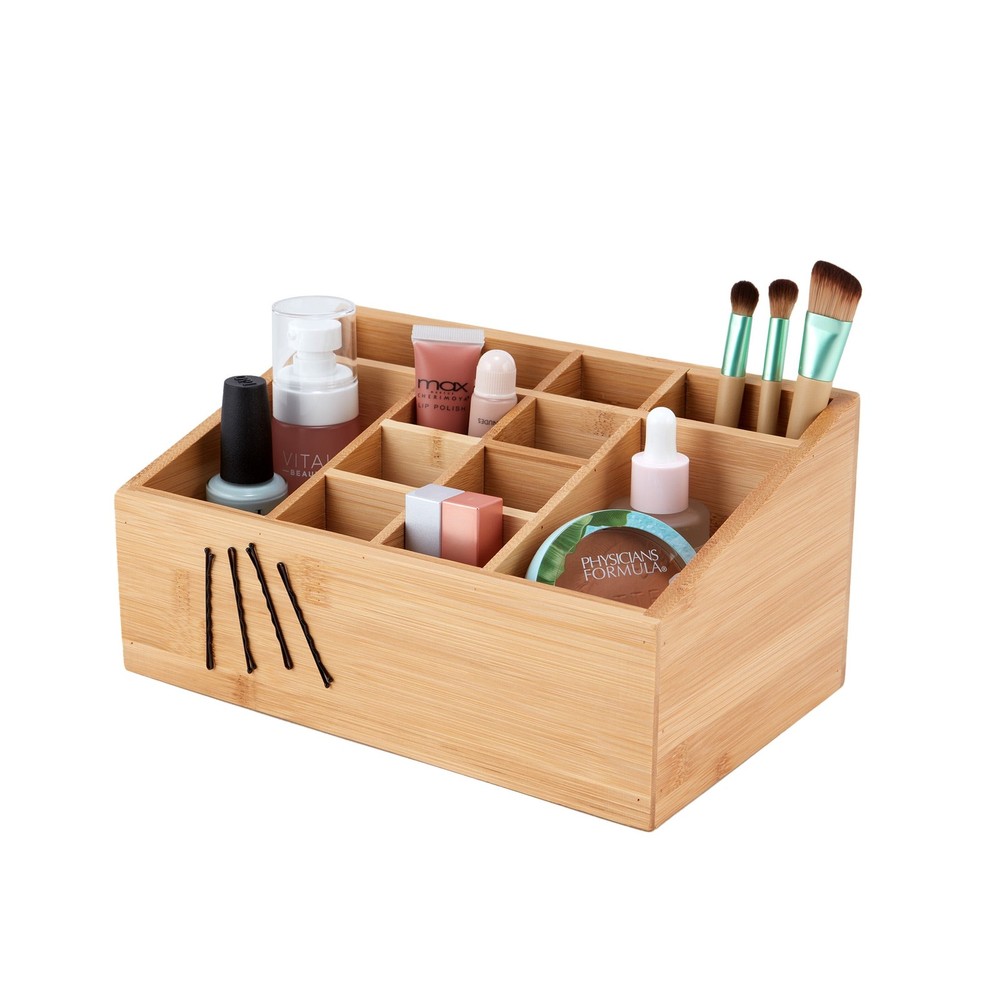 12-Compartment Bamboo Bathroom Organizer Brown