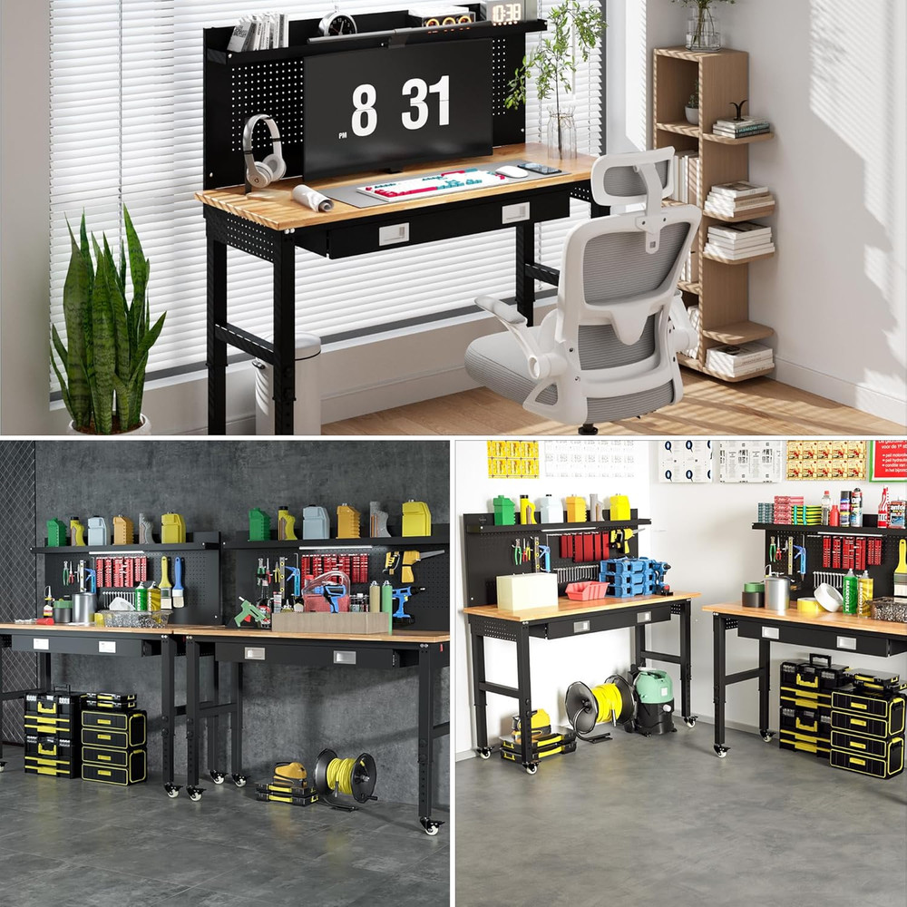 Betterhood 60" Heavy Duty Adjustable Workbench with Large Pegboard & LED Light,