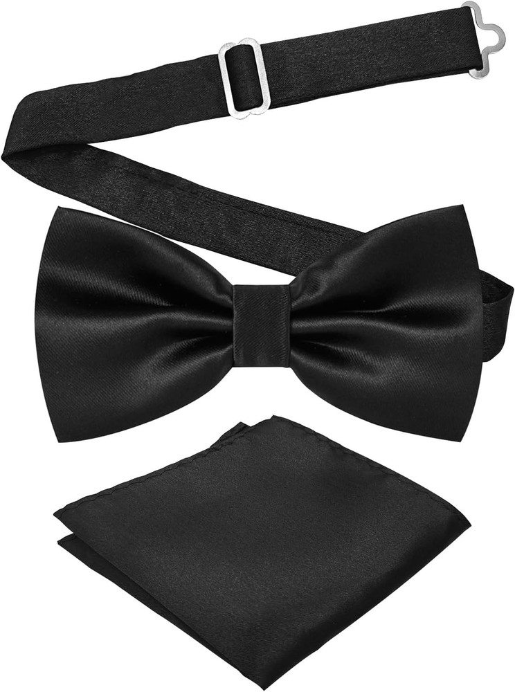 Mens Adjustable Bowtie & Pocket Square Set – Solid Pre-Tied Formal Tie