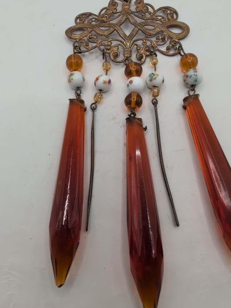 Antique Victorian Glass &Brass Ceiling Fan Pull With Lampwork Beads