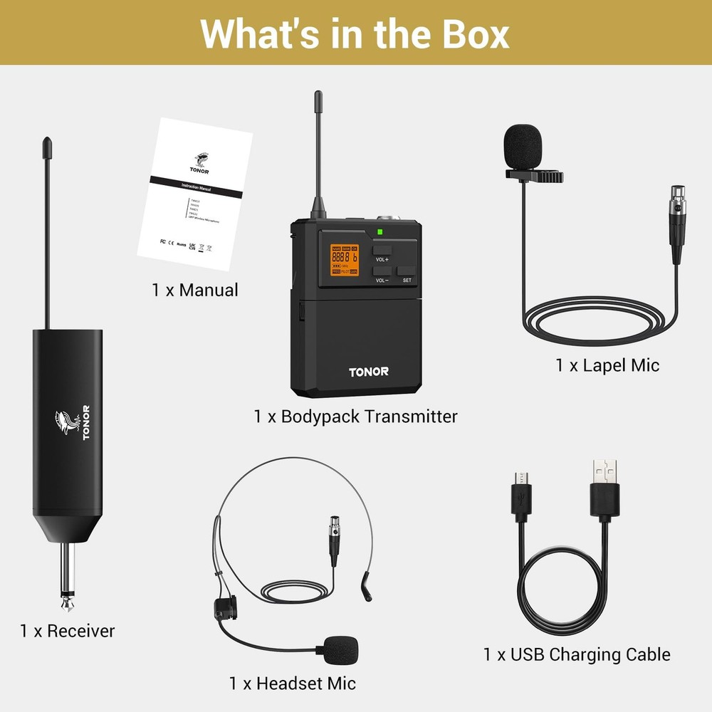 UHF Wireless Microphone System with Headset Mic/Lavalier Lapel Mic, Bodypack Tra