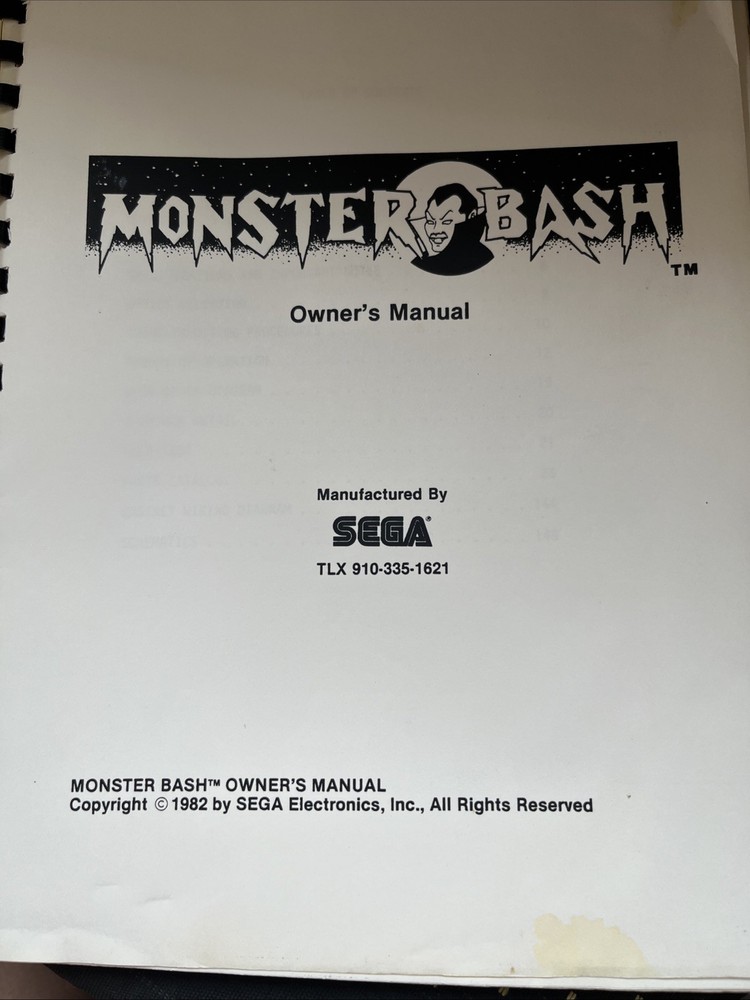 Sega Monster Bash Owners Manual 1982