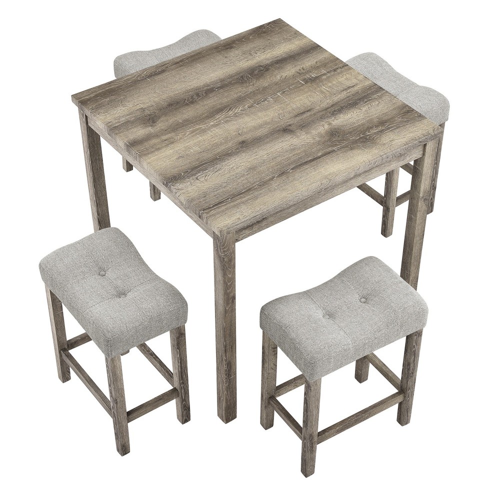 5 Piece Dining Table Set Square Wooden Table with 4 Upholstered Saddle Stools