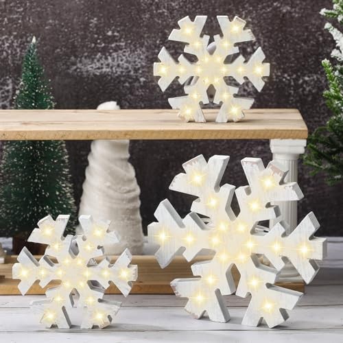 3 Pcs Christmas Winter Snowflake Table Signs LED White Standing Rustic Style