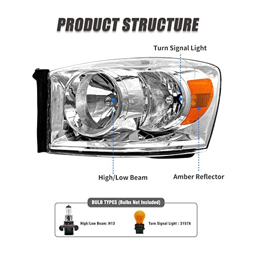 Headlight Assembly Compatible with 2002-2005 A-Chrome Housing Amber Reflector