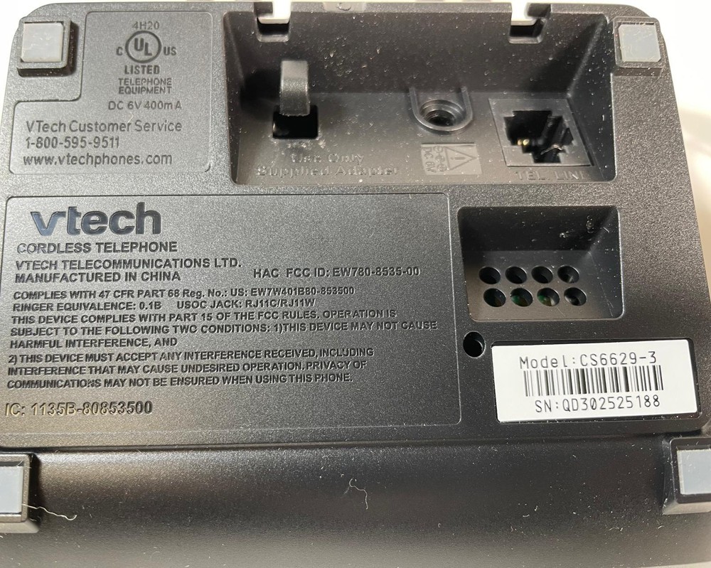 V-Tech CS6629-3 Cordless Telephone Base Unit DC 6V 400mA