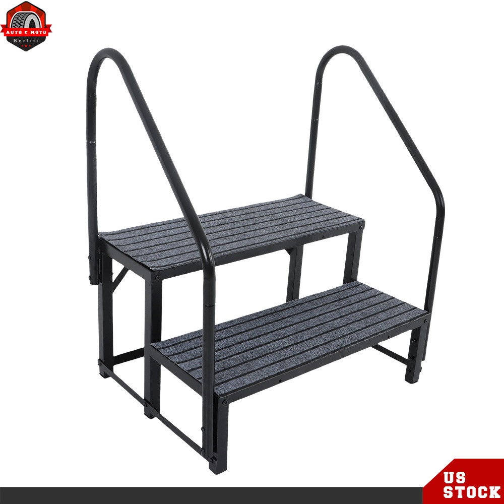 660 lbs Load Capacity For Trailers 2 Step RV Steps with 2 Handrails w/Step Mat
