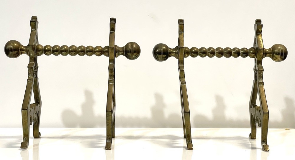 Antique Solid Brass Pair Of Fireplace Fire Dogs