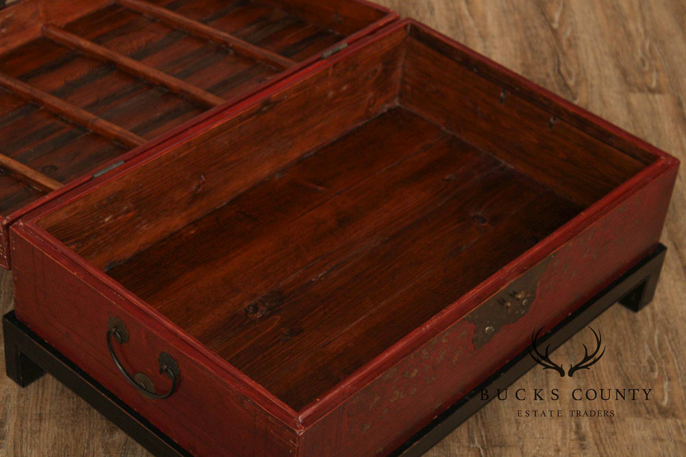 Red Lacquered Trunk With Brass Hardware On Custom Black Stand, Coffee Table