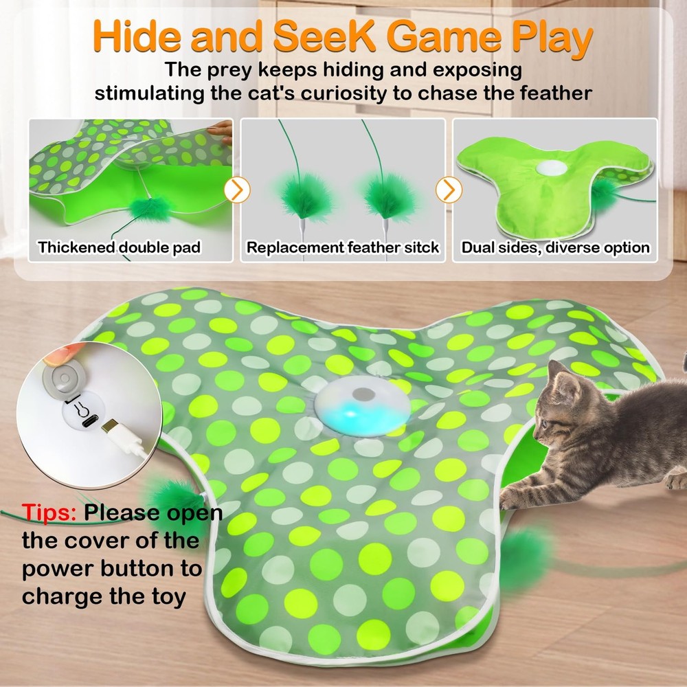 Interactive Cat Toys Rechargeable,Moving Concealed Feathers,Real Mouse Squeak...