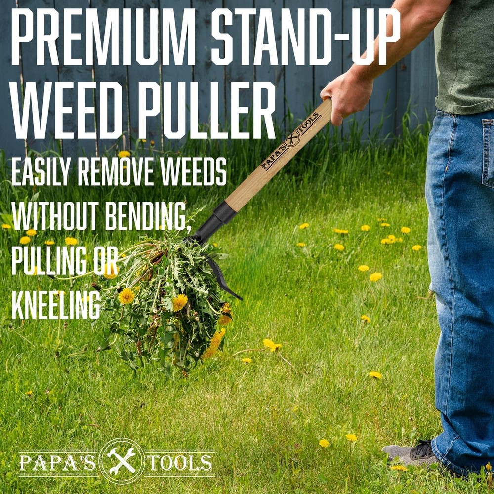 Garden Weed Puller Stand Up Tool w/ Steel Claw Bamboo Handle