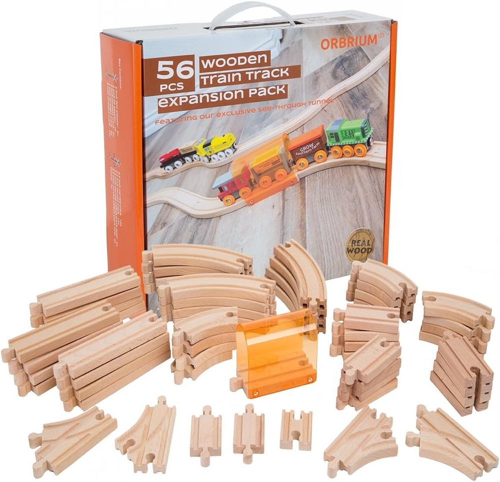 Solid Beech Wood Train Track Expansion Set - 56 Pieces with See-Through Tunnel