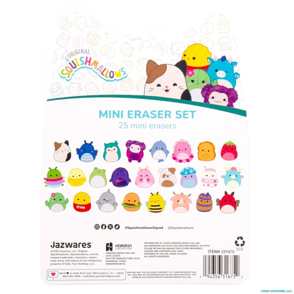 Original Squishmallows Mini Eraser Set, 25 Small Erasers, Multi