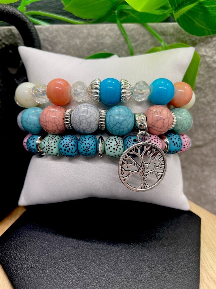 3 PC Handmade Boho Beaded Stackable 6.5” Plus Stretch Bracelet Set New B1318