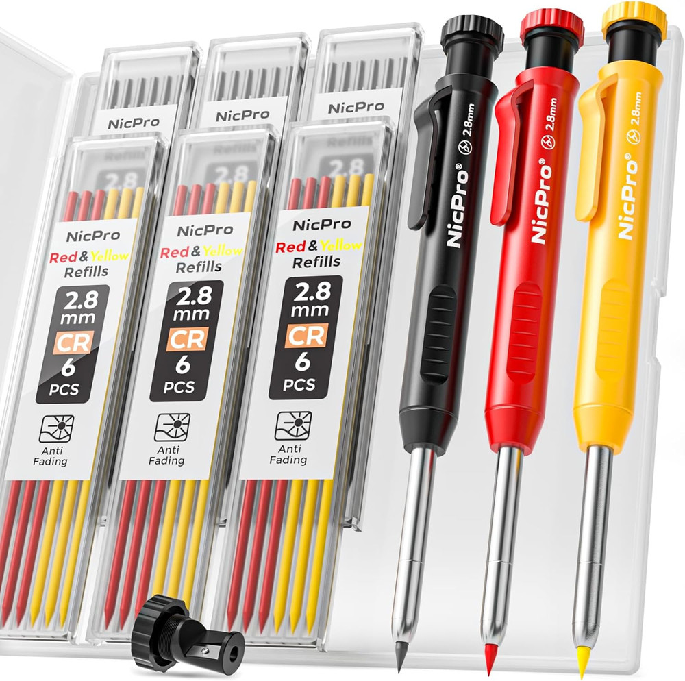 3 Pack Carpenter Pencil with Sharpener, Mechanical Carpenter Pencils with 39 Ref
