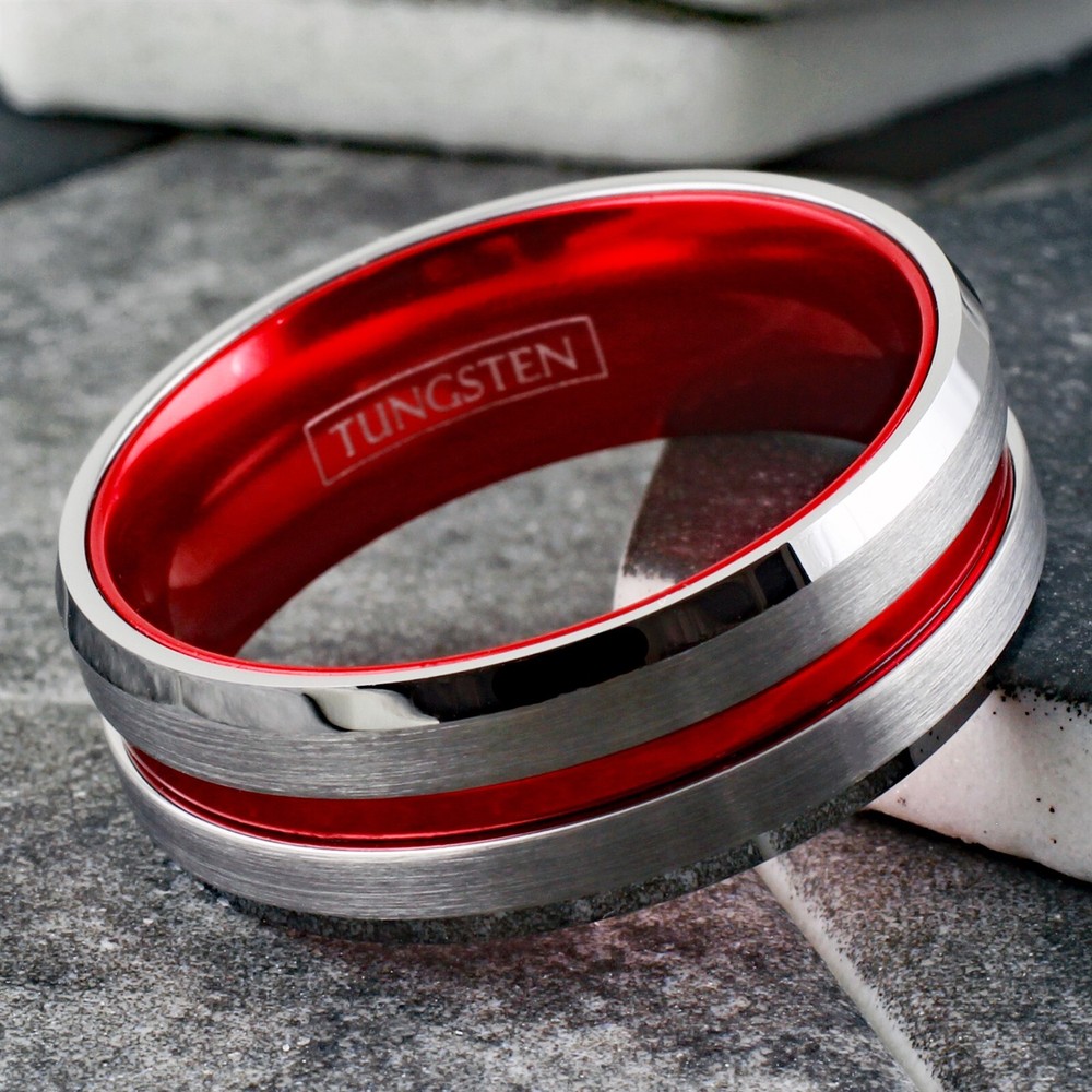 Tungsten Brushed Silver Thin Red Line Band Ring Firefighter First Responder