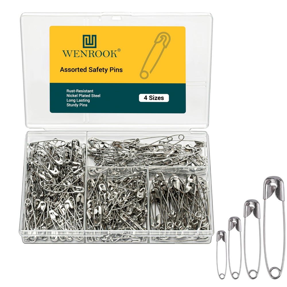300-Pack Assorted Safety Pins Nickel Plated 4 Sizes