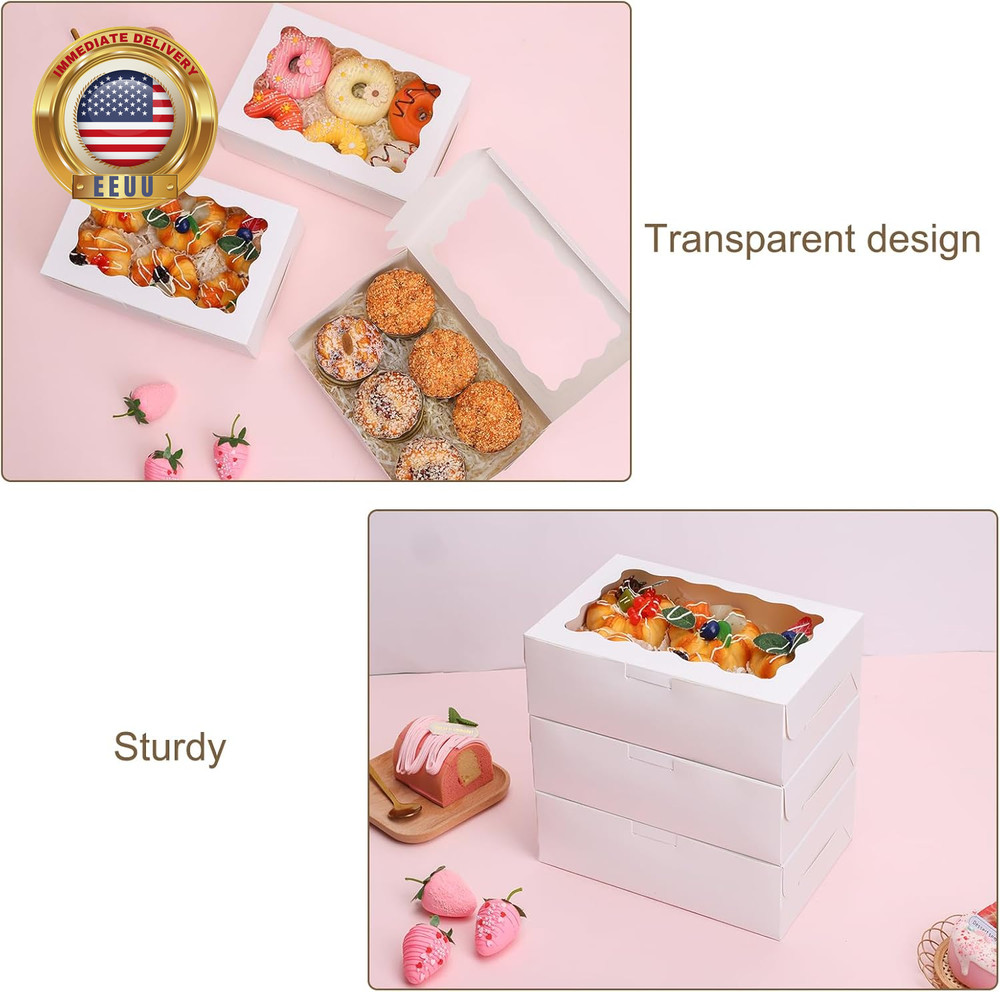 12Pcs Cookie Boxes with Window, 9X6X3 Inch White Bakery Boxes Pastry Containers